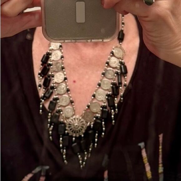 OOAK Handcrafted Multimedia Black/Silver Statement Necklace Lobster Clasp - Picture 1 of 4